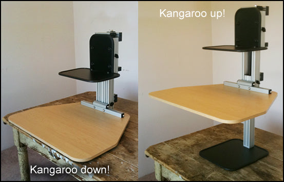 ERGODESKTOP'S KANGEROO WORKSTATION: ADJUSTABLE HEIGHT STAND UP DESK AND MONITOR HOLDER.